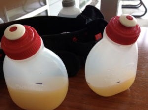 Homemade electrolyte sport drink in running water bottles for T1D and sport