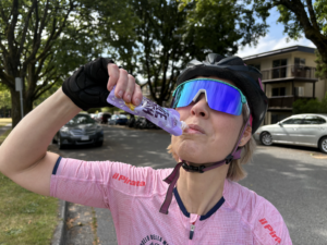 Female cyclist with type-1 diabetes uses applesauce as a sport fuel on a bike ride