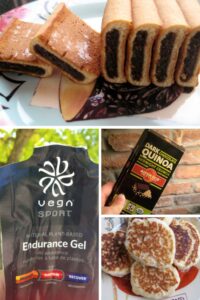 A selection of sport fuel options for managing sport with T1D, including mini pancakes, sport gels, fig newtons, chocolate